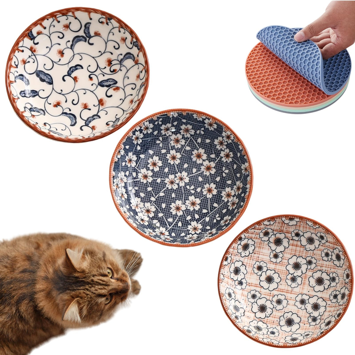 3 PCS Cat Food Bowls Whisker Fatigue Kitten Bowl 5.5 Inches Ceramic Cats Bowl Small Cat Dishes for Indoor Cats Shallow Kitten Plates for Wet Food Cute Pet Bowls Whisker Friendly