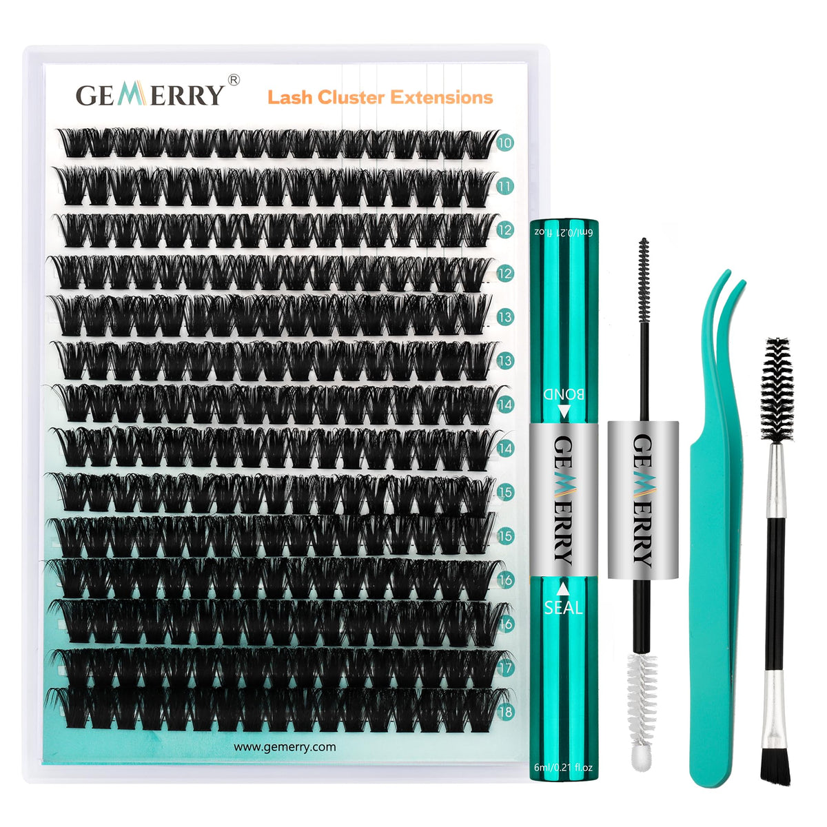 GEMERRY Fluffy Lash Extension Kit Thick Lash Clusters Kit Eyelash Clusters 280Pcs D Curl Eyelash Extension Kit With Lash Bond and Seal, Lash Tweezers, DIY Lash Extension Kit(80P-10-18mm)