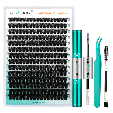 GEMERRY Fluffy Lash Extension Kit Thick Lash Clusters Kit Eyelash Clusters 280Pcs D Curl Eyelash Extension Kit With Lash Bond and Seal, Lash Tweezers, DIY Lash Extension Kit(80P-10-18mm)