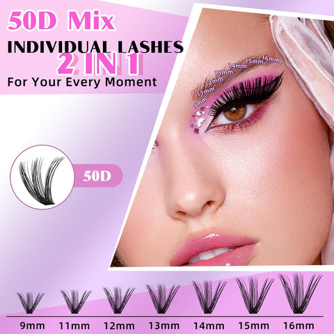 DIY Lash Extension Kit 280pcs Individual Lashes Cluster B&Q D Curl Eyelash Extension Kit Lash Clusters with Lash Bond and Seal and Lash Applicator Tool for Self Application (KIT,50D-D-9-16MIX)
