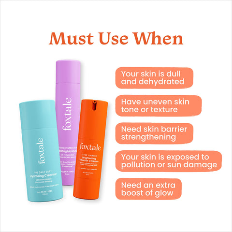 Foxtale Hydraglow Trio Skin Care Kit | Cleanser Face Wash 100ml + Ceramide Moisturizer 50ml + Vitamin C Face Serum 30ml
