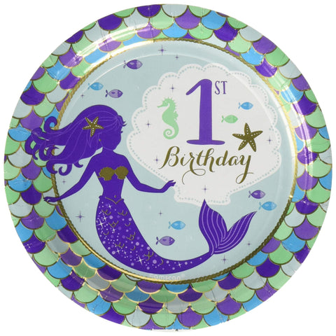 Blue Mermaid 1st Birthday Dessert Plates | Paper | 8 Pcs