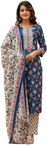 Vaamsi Women's Rayon Cotton Blend Floral Printed Straight Kurta Pant With Dupatta (VKSKD1238_Blue_XXL)