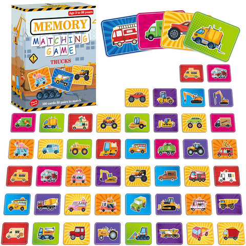 gisgfim 50 Pairs Memory Matching Game for Kids Trucks Concentration Games for Preschool Educational Ages 4-8 A Fun & Fast Vehicle Theme Memory Matching Games