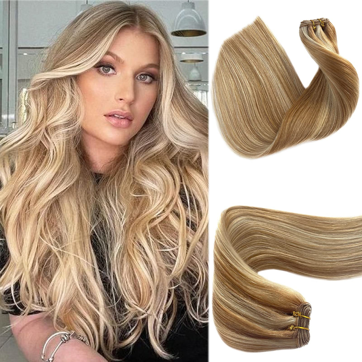 Hand Tied Weft Hair Extensions Human Hair Bundles Caramel Blonde to Bleach Blonde Sew in Hair Bundles Invisible Beaded Weft Extensions Human Hair Extensions Sew in Human Hair Weave Bundles 12â€ Thick