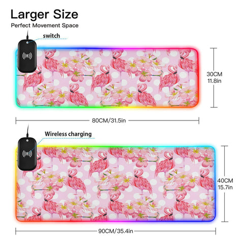 Floral Flamingos Tropical Flowers Wireless Charging Mouse Pad for Mobile Phone Extra Large Gaming Mousepad with 13 Lighting Modes Computer Mat for Gaming MacBook PC Laptop Desk Office Home