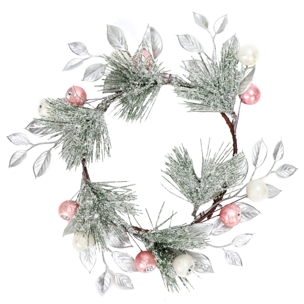 2 Pcs Artificial Snowy Christmas Wreath with Silver Leaves, 30cm Artificial Frosted Christmas Pine Needles Wreath Faux Pine Needle Wreath with Berries for Xmas Home Party Front Door Decor (Pink White)