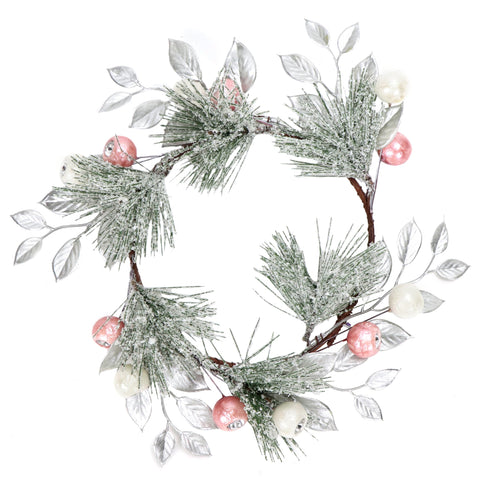 2 Pcs Artificial Snowy Christmas Wreath with Silver Leaves, 30cm Artificial Frosted Christmas Pine Needles Wreath Faux Pine Needle Wreath with Berries for Xmas Home Party Front Door Decor (Pink White)