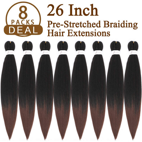 8 Packs/Lot EZ Braid 26 inch Professional Pre Stretched Braiding Hair Yaki Texture Braiding Hair for Crochet Hair Braids Long Free Synthetic Fiber Hair Extensions (#T1B/30)