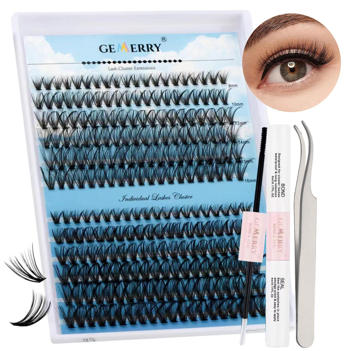 DIY Lash Extension Kit GEMERRY Eyelash Extension Kit Lash Clusters Kit with Lash Clusters 8-16mm Lash Bond and Seal and Lash Tweezers for Self Use at Home Cluster Eyelash Extension Kit