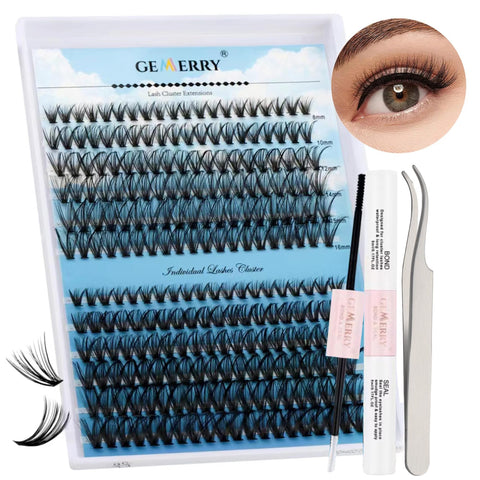 DIY Lash Extension Kit GEMERRY Eyelash Extension Kit Lash Clusters Kit with Lash Clusters 8-16mm Lash Bond and Seal and Lash Tweezers for Self Use at Home Cluster Eyelash Extension Kit