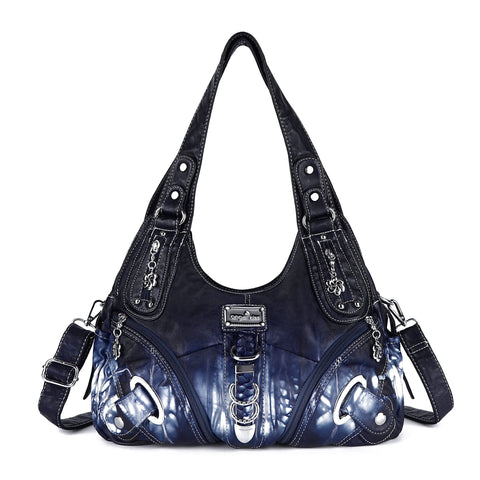 Angelkiss Women Multiple Pockets Purses and Handbags Washed Leather, Two Top Zippers Closure, Deep Blue