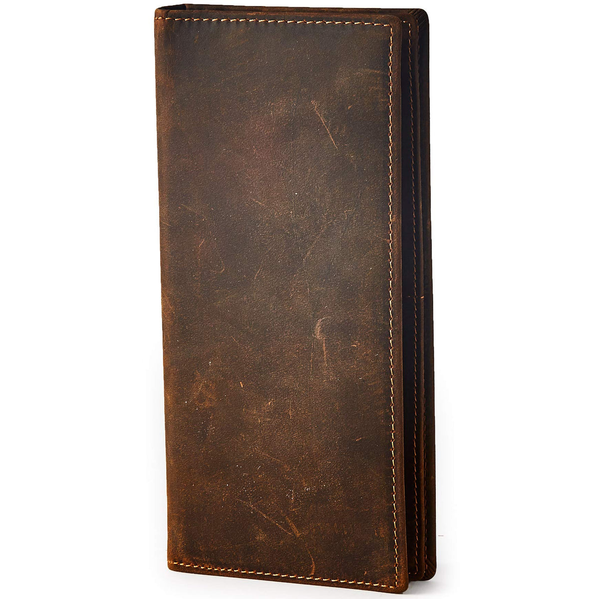 BRASS TACKS Leathercraft Vintage Top Grain Leather Long Wallet for Men Dark Brown Cowhide Bifold Wallet Gift Box