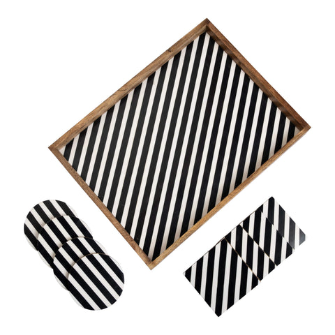Penguin Home Wooden Set of 9 Black & White Diagonal Design Easy Grip Handles /1 Serving Tray 40x30x4 cm with 4 Square and 4 Round Matching Coasters 10x10 cm/Perfect for Tea, Coffee, and Food Serving