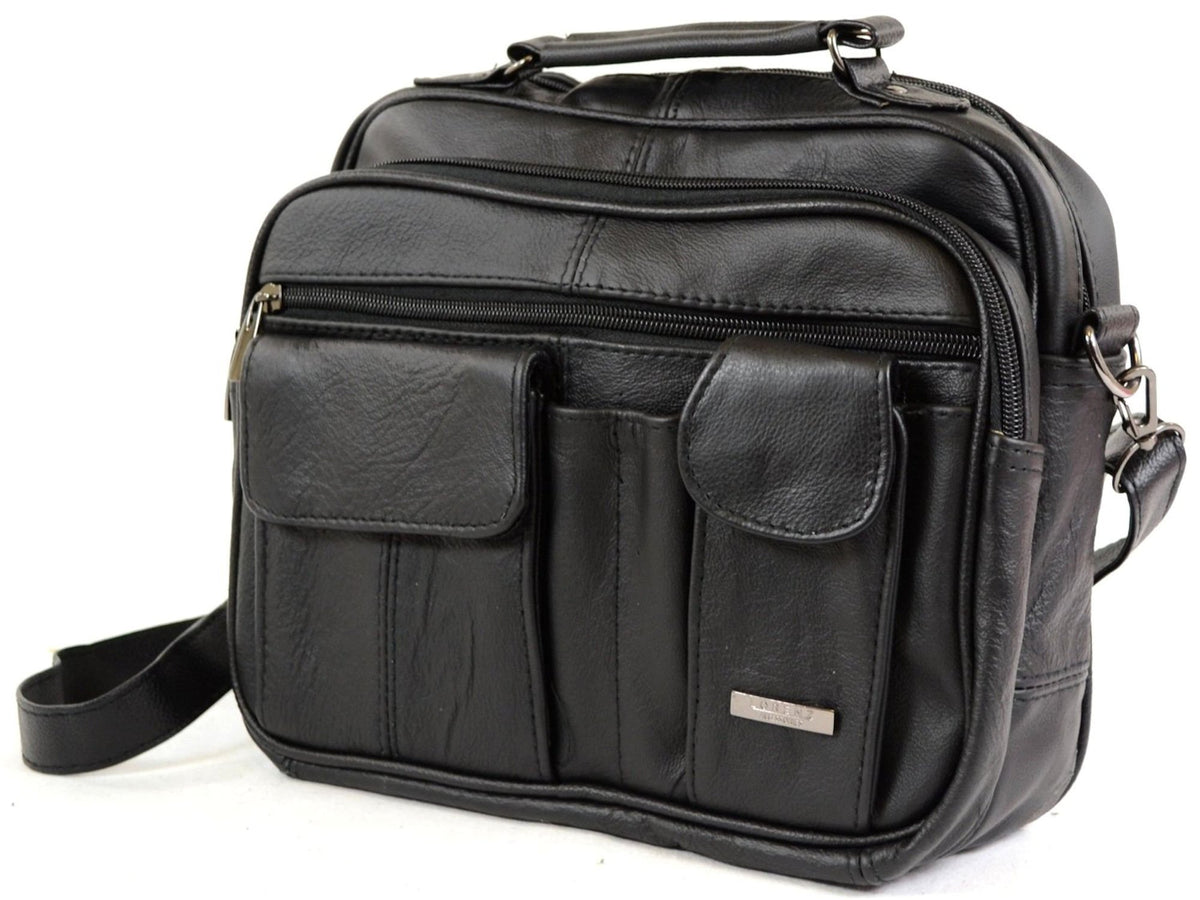 Ladies Mens Real Leather Travel Flight Shoulder Cross Body Organiser Handbag Bag (Black)