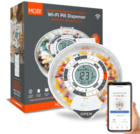 MOBI Connect Smart Wireless Automatic Medication Pill Dispenser with UV Protecting Lid 28-Day Pill Organizer, Key Lock, Sound & Light for Pills, Prescriptions, Medication, Vitamins, Supplements