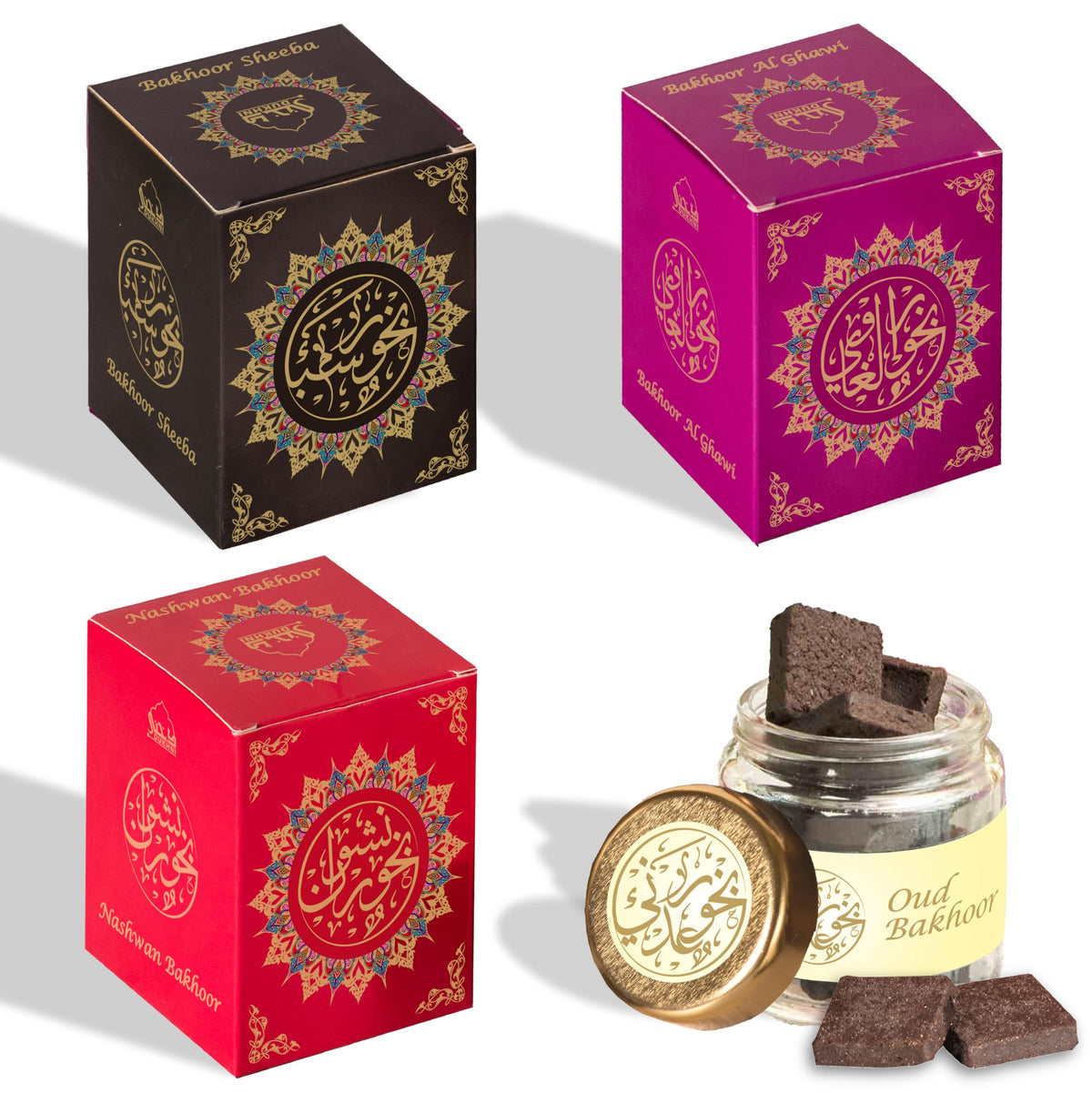 Yemeni Oud Bakhoor Collection ??? ???? by Dukhni | Bakhoor Sheeba, Nashwan Bakhoor, Adeni Bakhoor, Bakhoor Al Ghawi | Arabic Incense | 40 grams x 4 jars | Perfect for prayer & Ramadan Gifts