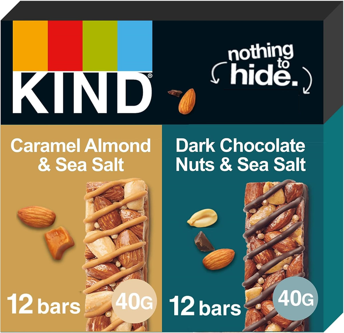 KIND Bars, Gluten Free Snack Bars, Variety Pack Dark Chocolate Nuts & Sea Salt and Caramel Almond & Sea Salt, High Fibre, No Artificial Colours, Flavours or Preservatives, Multipack 24 x 40g
