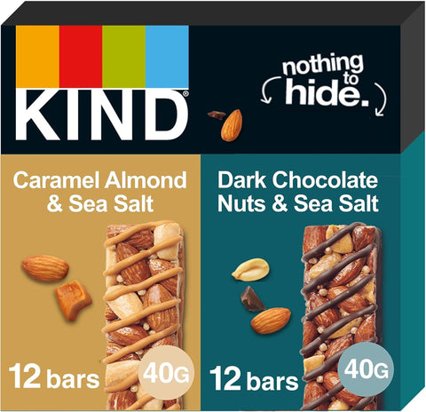 KIND Bars, Gluten Free Snack Bars, Variety Pack Dark Chocolate Nuts & Sea Salt and Caramel Almond & Sea Salt, High Fibre, No Artificial Colours, Flavours or Preservatives, Multipack 24 x 40g