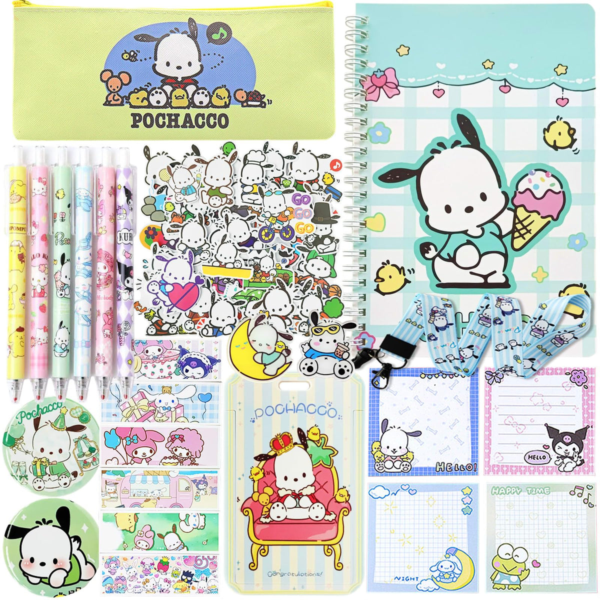 Koiswim School Supplies Set, Back to School Gift, Cute Kawaii Stationery Including Gel Pens Journal Notebook Pencil Cse Stickers Pins Badge Lanyard Sticky Note Bookmark (P)