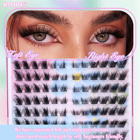 JIMIRE Fox Eye Lash Exteniosn Kit Natural Look Wispy Lash Cluster Kit L Curl Cluster Eyelash Extensions Kit with Lash Bond and Seal Cat Eye Lash Clusters Fluffy Individual Lashes 144Pcs 8 Pairs Pack