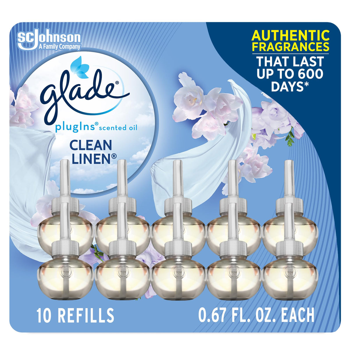 Glade PlugIns Refills Air Freshener, Scented and Essential Oils for Home and Bathroom, Clean Linen, 6.7 Fl Oz, 10 Count (Packaging May Vary)