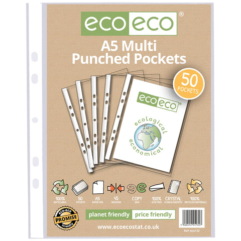 eco-eco A5 100% Recycled Multi Punched Pockets Glass Clear, Transparent Poly Wallet Sheet Protector, 45 Microns (50 Pockets), eco132