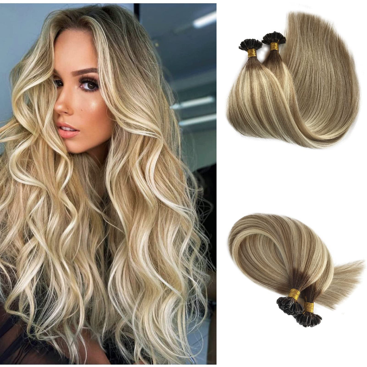 Highlights Hair Extensions Human Hair,Utip Human Hair Extensions 20inch Balayage Brown Ombre Hair Extensions Real Human Hair Brown Fading to Blonde Pre Bonded Hair Extensions 1g Per Strand 50g