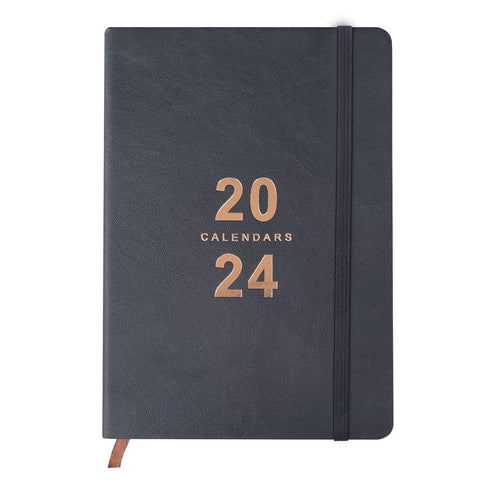 Daily Planner 2024-2025, Calendar 2024 Planner with Hourly Schedule, Agenda Book Planner 2024 January - December 2024, 5.85'' x 8.5'' Calendar 2024 with Leather Hard Cover (Black)