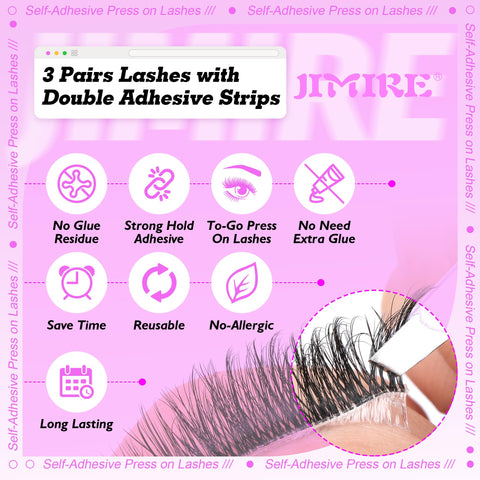 JIMIRE Self Adhesive Eyelashes Clear Pre-Glued Mink Lashes Fluffy Russian D Curl Strip Lashes Natural Look Like Eyelash Extensions Wispy Press-on Self- Adhesive Lashes 3 Pairs Pack