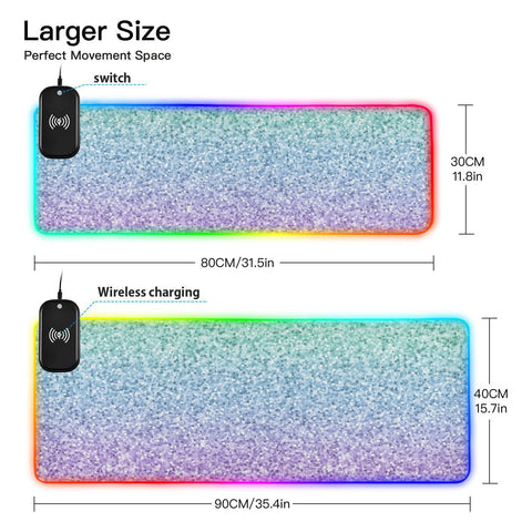 Gradient Colorful Glitter Wireless Charging Mouse Pad for Mobile Phone Extra Large Gaming Mousepad with 13 Lighting Modes Mouse Mat for Gaming MacBook PC Laptop Desk Office Home