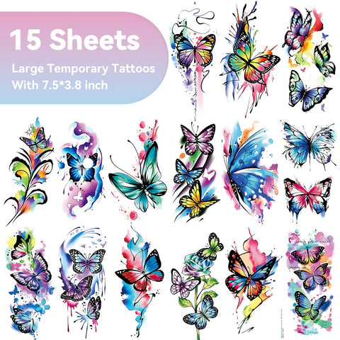 EMOME 79 PCS Butterfly Temporary Tattoos for Women Girls, Realistic Colorful Sleeve Tattoos Stickers, Waterproof Long Lasting Temporary Tattoos for Face Arm Leg Body