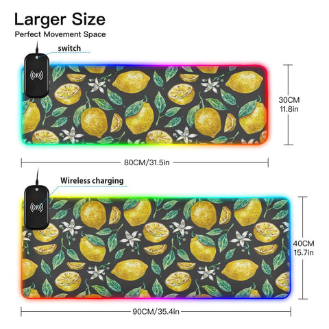 Flowers Leaves Lemon Wireless Charging Mouse Pad for Mobile Phone Extra Large Gaming Mousepad with 13 Lighting Modes Mouse Mat for Office Home Gaming MacBook PC Laptop Desk