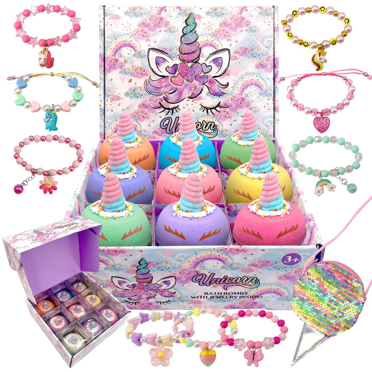 NJSTARC Unicorn Bath Bombs for Girls, 9 Pack / 4.5oz Fizzy Bath Bombs with Surprise Inside, Bath Bombs with Jewelry for Kids, Girls' Gifts for Birthday Party