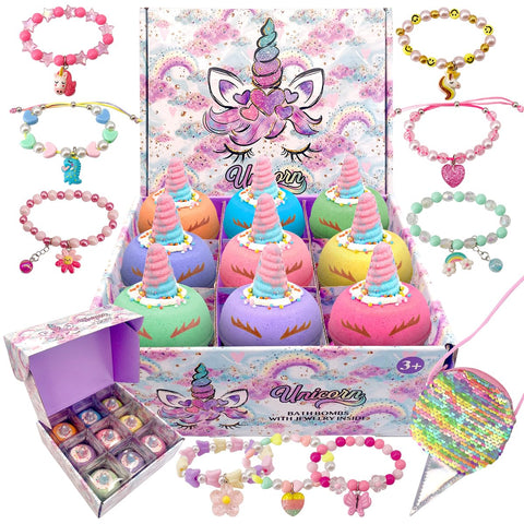 NJSTARC Unicorn Bath Bombs for Girls, 9 Pack / 4.5oz Fizzy Bath Bombs with Surprise Inside, Bath Bombs with Jewelry for Kids, Girls' Gifts for Birthday Party