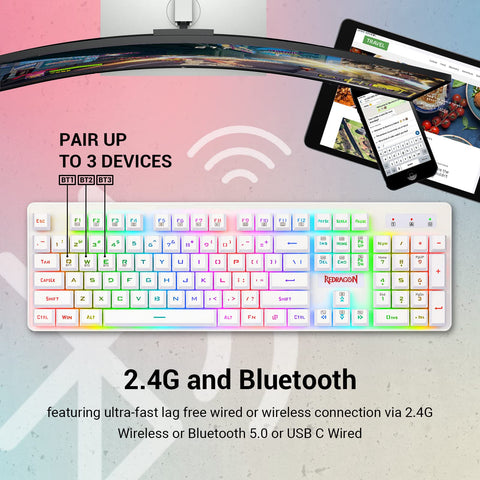 Redragon K509 Pro Wireless Gaming Keyboard, 2.4G and Bluetooth Keyboard, RGB Backlit with 104 Low Profile Keys for Windows PC (White)