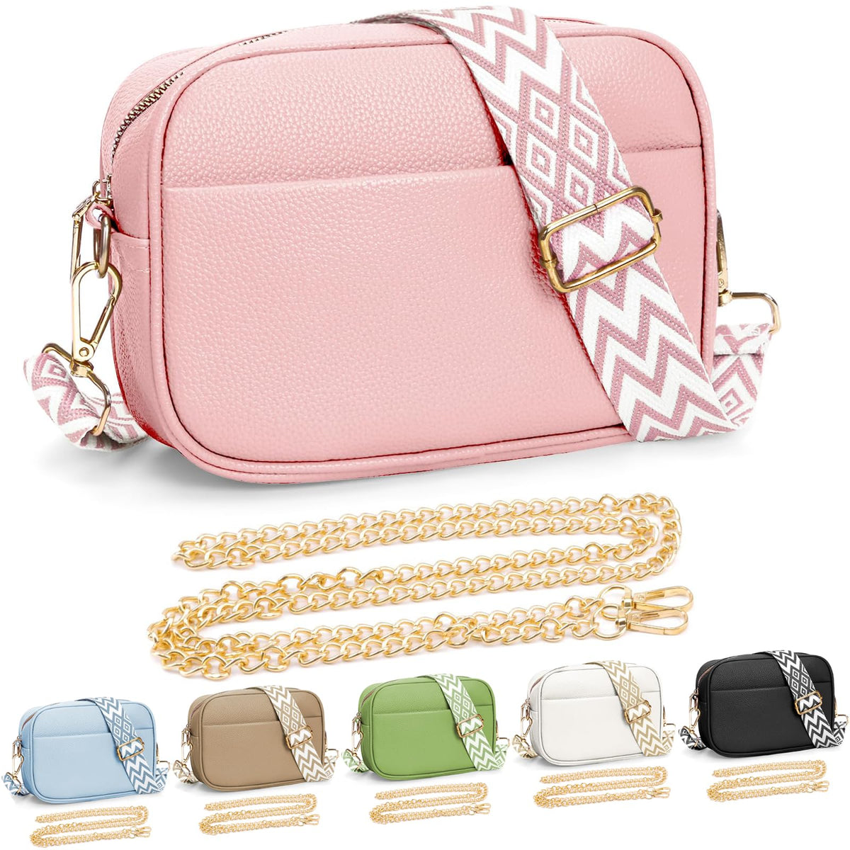 YILCER Crossbody Bag for Women, Small Leather Cross Body Bag Ladies Camera Handbag, Pom Pom London Bags Shoulder Bag with Changeable Guitar Wide Strap (2 Shoulder Straps) (B-pink)