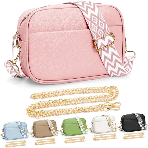 YILCER Crossbody Bag for Women, Small Leather Cross Body Bag Ladies Camera Handbag, Pom Pom London Bags Shoulder Bag with Changeable Guitar Wide Strap (2 Shoulder Straps) (B-pink)