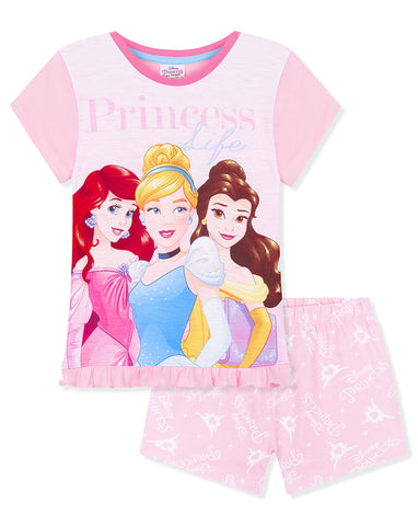 Disney Girls Pyjamas Set Summer Nightwear Beauty and the Beast Lion King Princess Stitch PJs 2 Piece Short Pyjamas (Pink Princess, 9-10 Years)