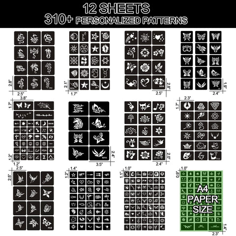 12 Sheets Henna Tattoo Stencils Kit Reusable for Women Girls and Kids, 310+ PCS Tattoo Templates,Temporary Indian Arabian Glitter Airbrush Tattoo Stencils for Face Body Paint DIY