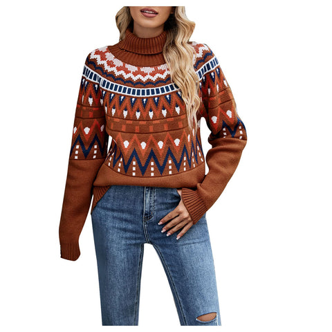 AMhomely Women Blouse Tops Sale, Casual Retro Color Contrast Printing Knitting Long Sleeve Turtleneck Sweater Christmas Jumper Funny Graphic Reindeer Santa Xmas Sweatshirt Ladies UK Size, Wine #1, S
