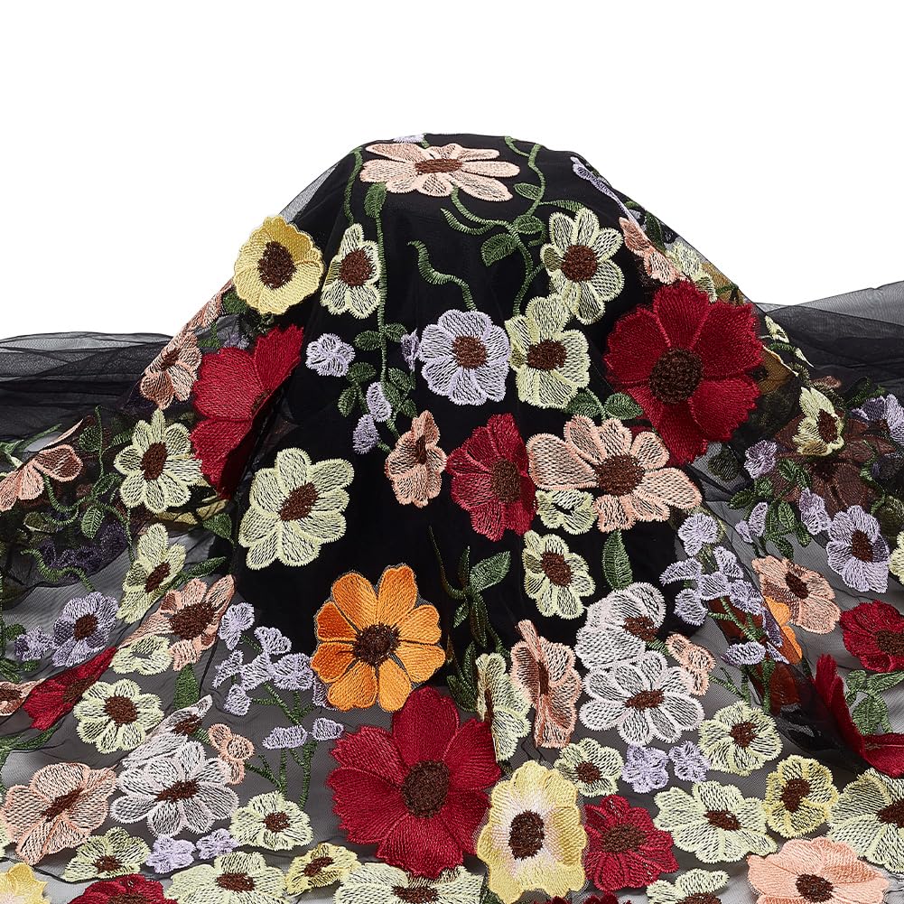 BENECREAT 91cm 3D Embroidered Flowers Lace Fabric, 145 cm Wide Colorful Embroidered Lace Trim for Wedding Dresses DIY Craft Embellishments