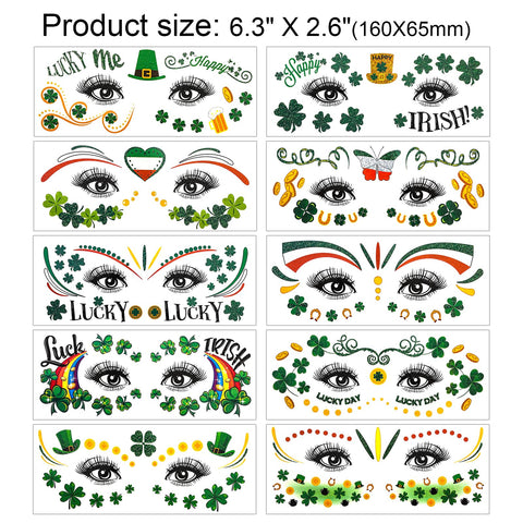 HOWAF 10 Sheets St Patrick's Day Face Tattoo Stickers,Shamrock Clover Facial Makeup Sticker Face Eye Tattoos for St. Patrick's Day Party Accessory, Irish Green Party Glitter Face Art Temporary Tattoos