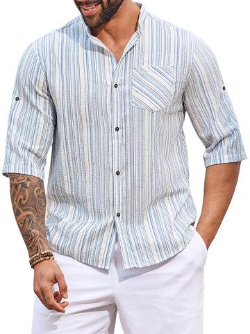 Runcati Mens Cotton Linen Shirts Button Down Roll Up Half Sleeve Striped Band Collar Casual Beach Shirt Blue
