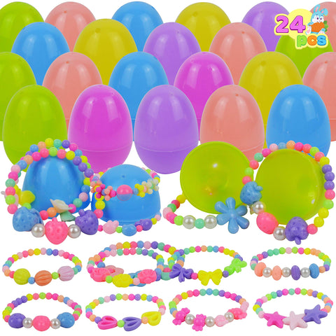 JOYIN 24 Pcs Prefilled Easter Eggs with Different Designs of Bracelets Girls Jewelry Set for Kids Easter Party Favor Easter Basket Stuffer Classroom Exchange and Prize Supplies (Candy)