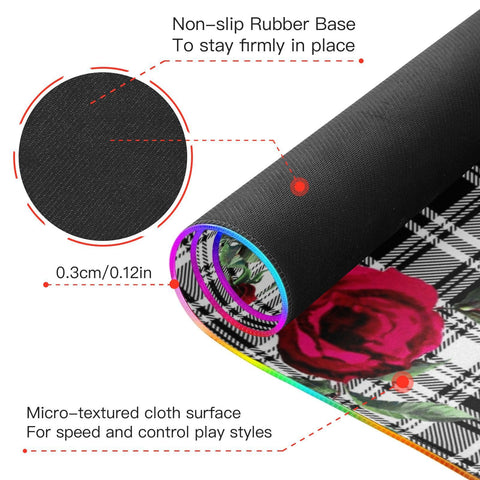 Black White Plaid Roses Wireless Charging Mouse Pad for Mobile Phone Extra Large Gaming Mousepad with 13 Lighting Modes Mouse Mat for Gaming MacBook PC Laptop Desk Home Office