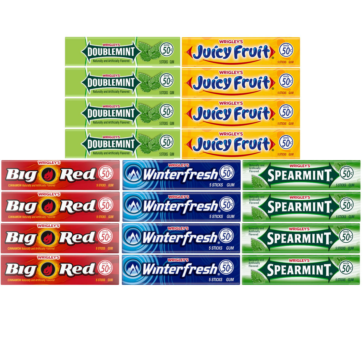 Wrigley Doublemint, Spearmint, Juicy Fruit, Big Red, Winterfresh Chewing Gum - 4 Packs of Each (5 Flavors) - Fresh Variety Assortment - 20 Total Packs of Gum