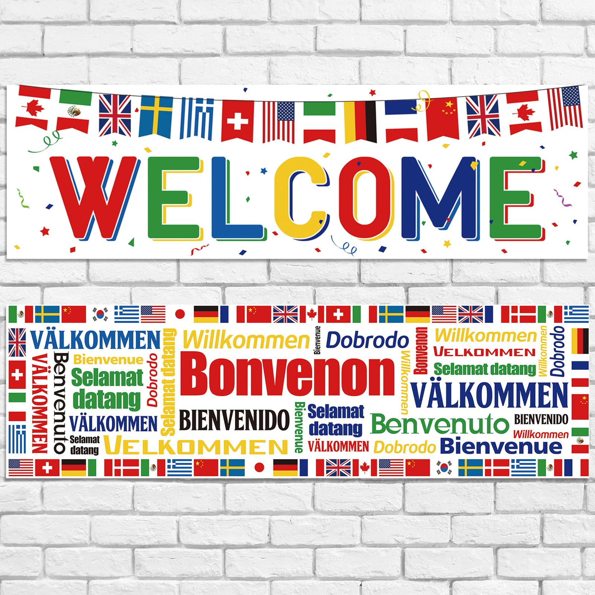 Panelee 2 Pcs International Welcome Banners 13.8 x 43.3 Inch World Flags Banner Polyester Country Flags Banner Decoration for Sports Events Club Birthday School Classroom Party Supplies Decor (White)