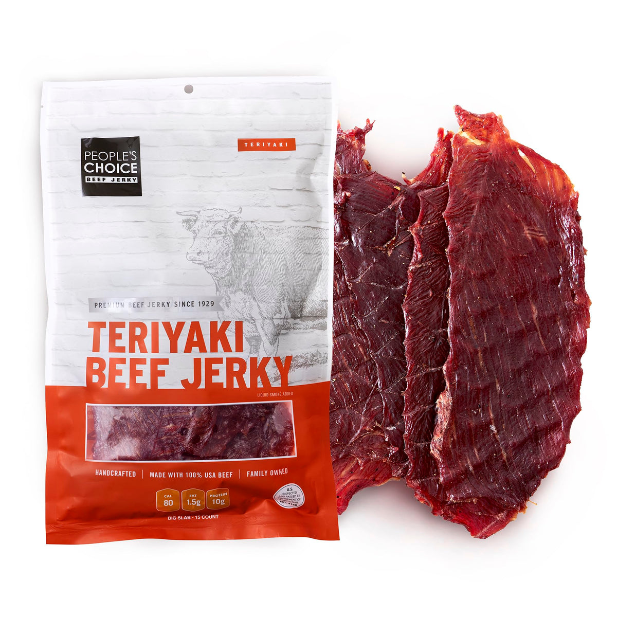 People's Choice Beef Jerky - Classic - Teriyaki - Big Slab - Whole Muscle Premium Cuts - Bulk Jerky Package - Thin Sheets - Low Sodium Low Salt High Protein Meat Snack - 15 Slabs, 1 Bag