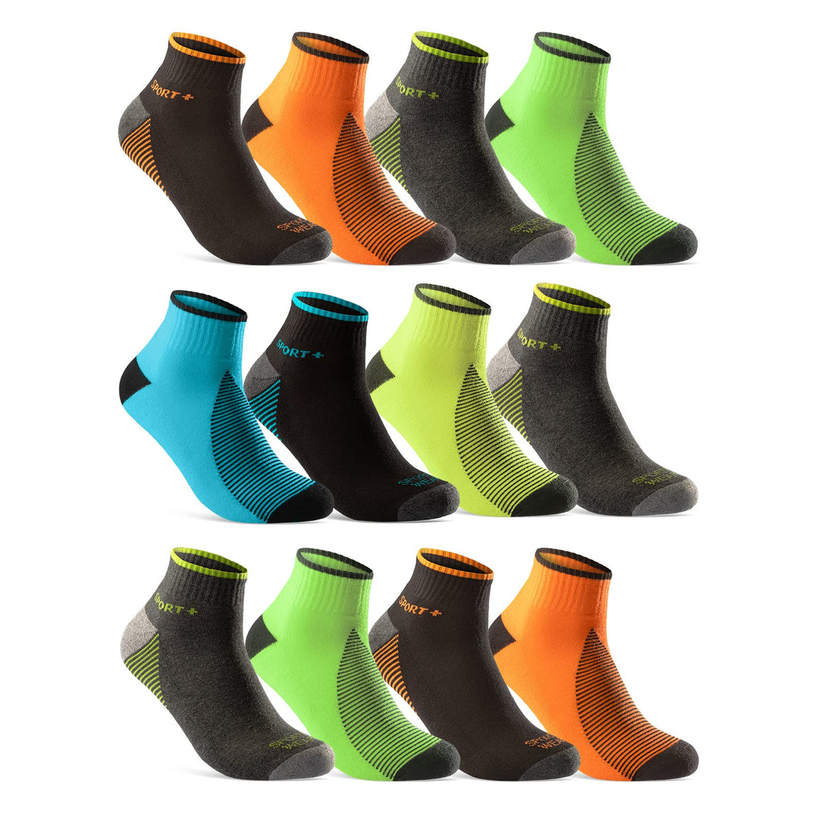 8 or 12 Pairs Sport Ankle Socks Men NEON Low Cut Short Trainer Socks Cotton (9-11, 12 Pairs | Color mix)